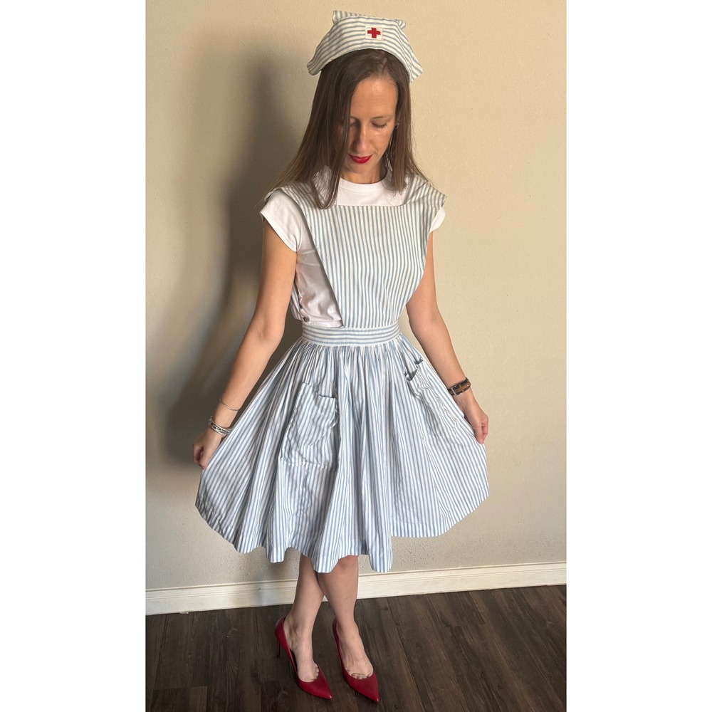 Vintage Pinafore Nurse Uniform Set Womens XS Blue White Striped Apron with Cap